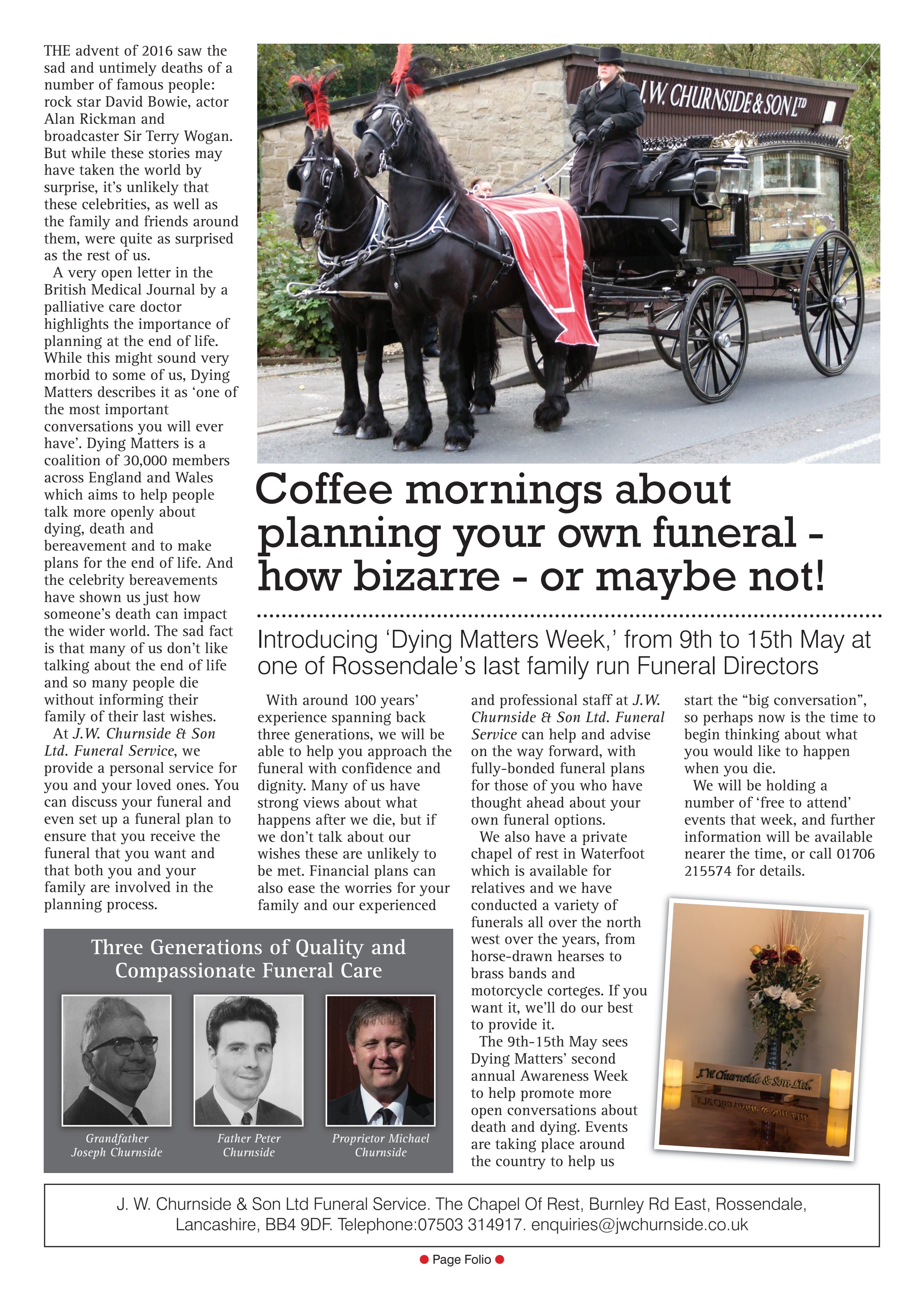 Newspaper feature on J W Churnside & Son, the family firm of funeral directors in Rossendale